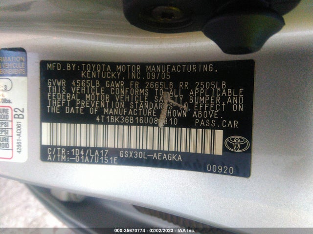 2006 TOYOTA AVALON XL/TOURING/XLS/LIMITED VIN: 4T1BK36B16U080810
