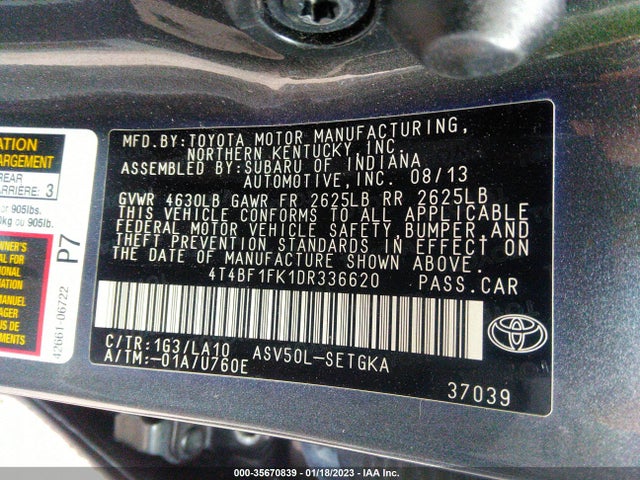 2013 TOYOTA CAMRY XLE VIN: 4T4BF1FK1DR336620