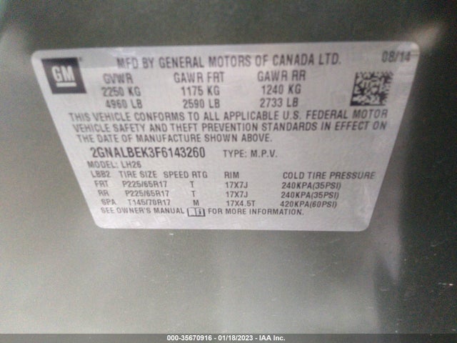 2015 Chevrolet Equinox, VIN: 2GNALBEK3F6143260