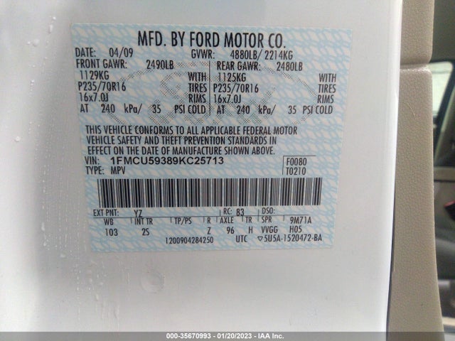 2009 FORD ESCAPE HYBRID VIN: 1FMCU59389KC25713