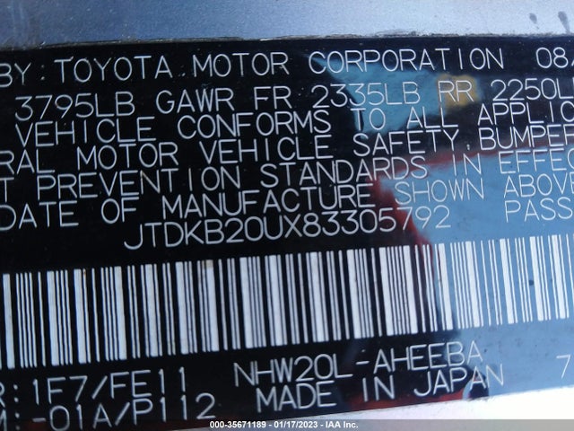 2008 TOYOTA PRIUS VIN: JTDKB20UX83305792