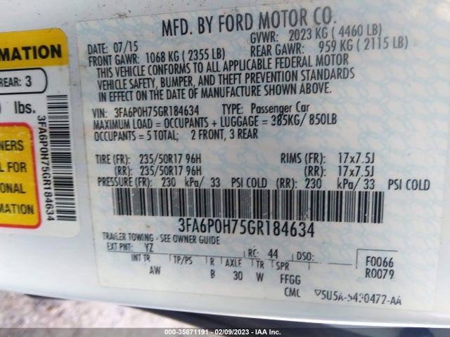 Ford FUSION SE 2016 3FA6P0H75GR184634 Image 9