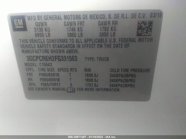 2015 CHEVROLET SILVERADO 1500 LT VIN: 3GCPCREH2FG331563