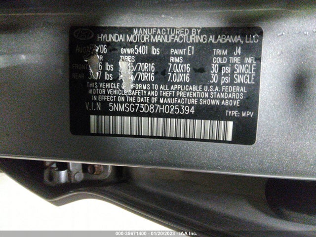 2007 HYUNDAI SANTA FE GLS VIN: 5NMSG73D87H025394
