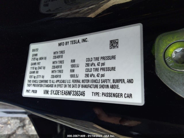 Tesla MODEL 3 2022 5YJ3E1EA6NF336346 Image 10