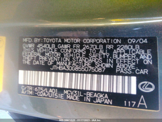Lexus ES 330 2005 JTHBA30G855075087 Image 10