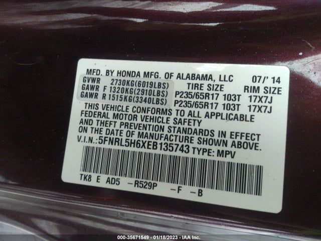 Honda Odyssey Ex-l 2014 5FNRL5H6XEB135743 Image 9