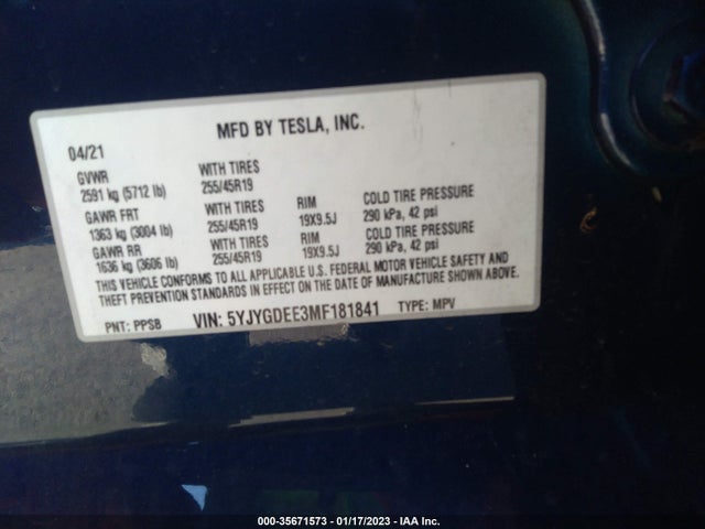 2021 Tesla Model Y, VIN: 5YJYGDEE3MF181841