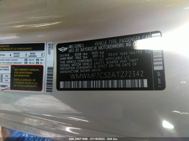 WMWMF7C52ATZ72342 Mini Cooper Hardtop S