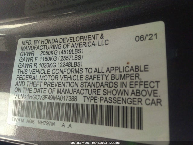 2021 Honda Accord, VIN: 1HGCV3F49MA017388