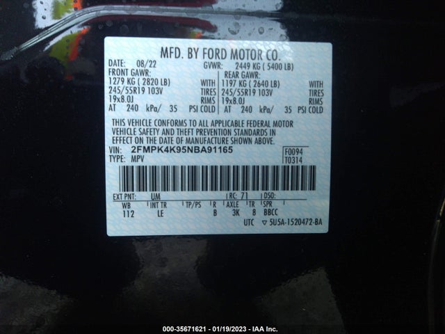 2022 FORD EDGE TITANIUM VIN: 2FMPK4K95NBA91165