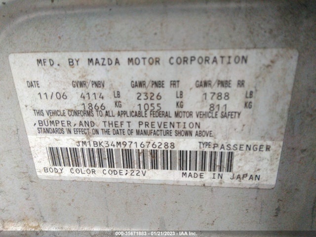 Auction sale of the 2007 Mazda Mazda3 Mazdaspeed3, vin: JM1BK34M971676288, lot number: 35671883