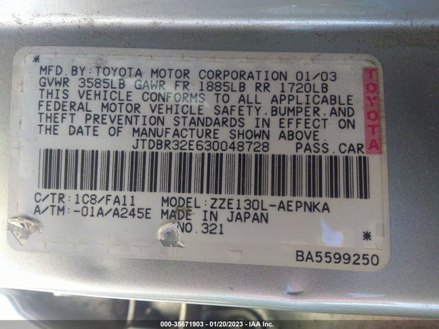 2003 TOYOTA COROLLA CE/LE VIN: JTDBR32E630048728