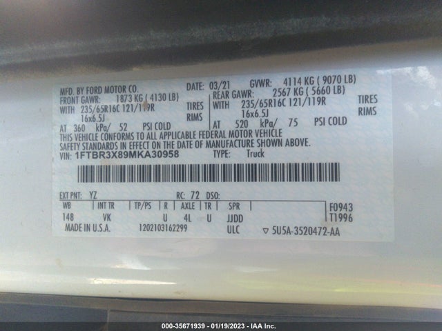2021 Ford Transit, VIN: 1FTBR3X89MKA30958
