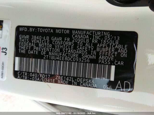 2013 TOYOTA COROLLA L/LE/S VIN: 2T1BU4EE8DC093256