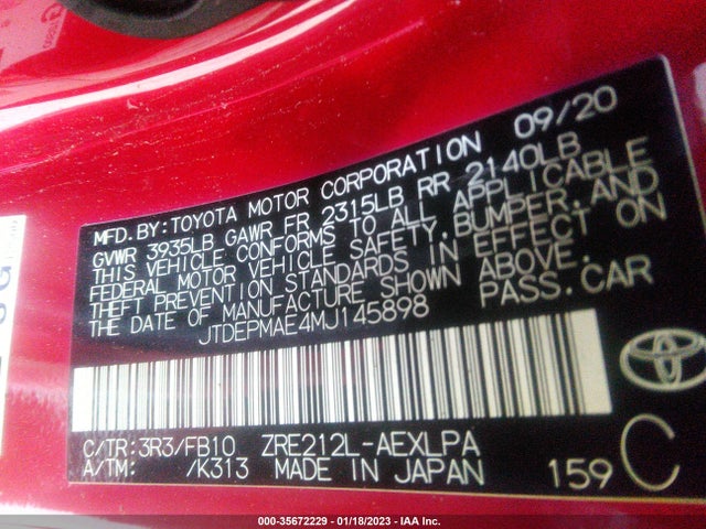 2021 TOYOTA COROLLA LE VIN: JTDEPMAE4MJ145898