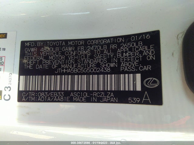 2016 Lexus RC, VIN: JTHHA5BC5G5002438