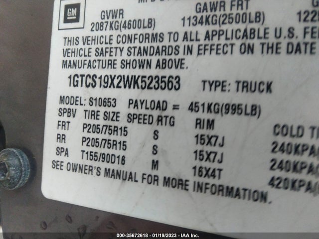 GMC Sonoma Sls 1998 1GTCS19X2WK523563 Image 10