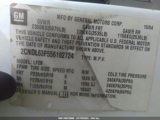 2005 CHEVROLET EQUINOX LT VIN: 2CNDL63F556102724