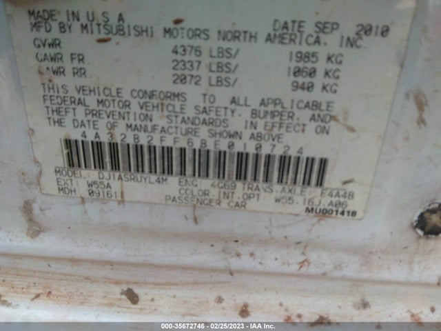 2011 MITSUBISHI GALANT FE VIN: 4A32B2FF6BE010724