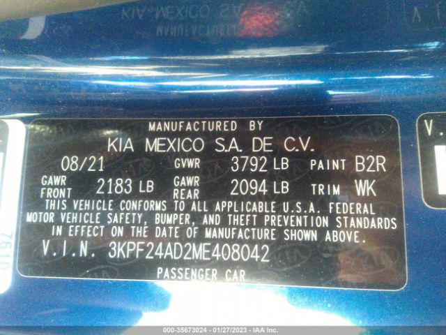 3KPF24AD2ME408042 KIA Forte Lxs