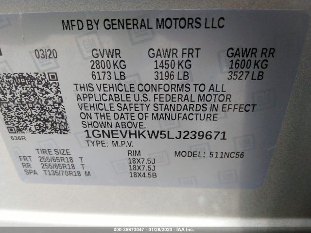 2020 Chevrolet Traverse, VIN: 1GNEVHKW5LJ239671