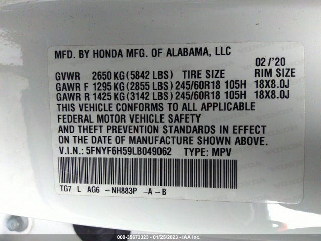 2020 Honda Pilot, VIN: 5FNYF6H59LB049062
