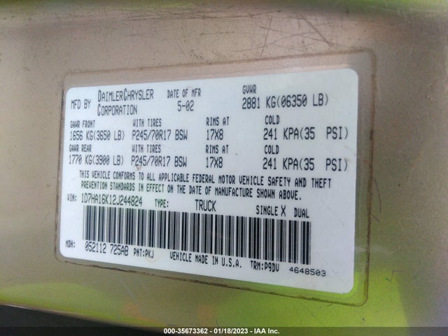 Dodge RAM 1500 2002 1D7HA16K12J244824 Image 10
