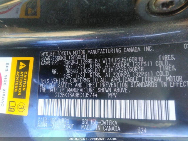 2T2BK1BA8BC105744 Lexus RX 350