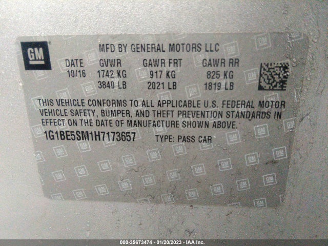 Chevrolet CRUZE LT 2017 1G1BE5SM1H7173657 Image 9