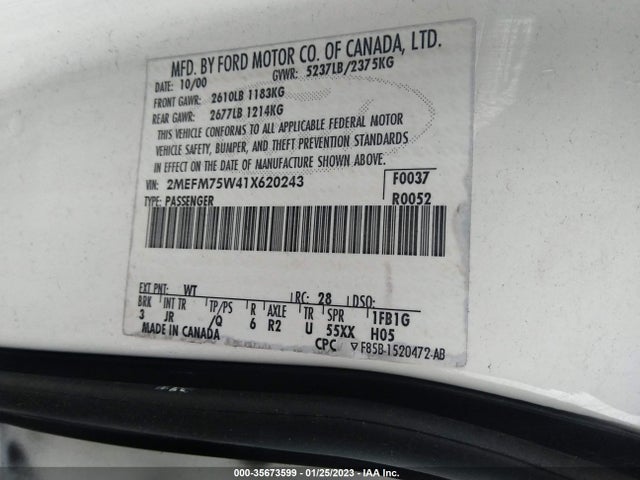 2001 MERCURY GRAND MARQUIS LS VIN: 2MEFM75W41X620243