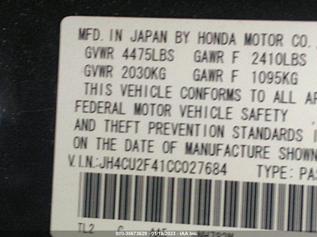 2012 ACURA TSX VIN: JH4CU2F41CC027684