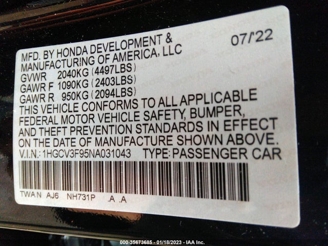 2022 Honda Accord, VIN: 1HGCV3F95NA031043