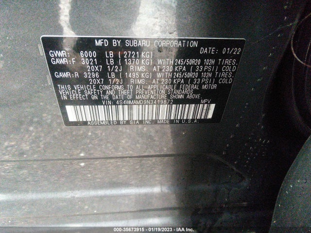 2022 Subaru Ascent, VIN: 4S4WMAMD9N3419872