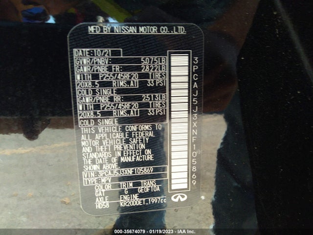 2022 Infiniti QX55, VIN: 3PCAJ5J3XNF105869