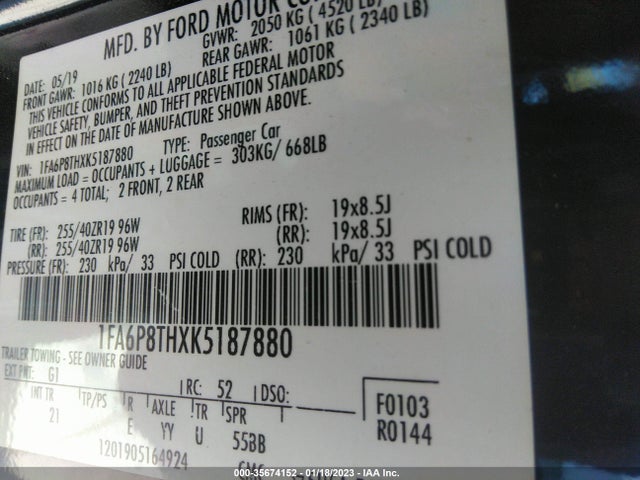Продажа на аукционе авто 2019 Ford Mustang Ecoboost, vin: 1FA6P8THXK5187880, номер лота: 35674152