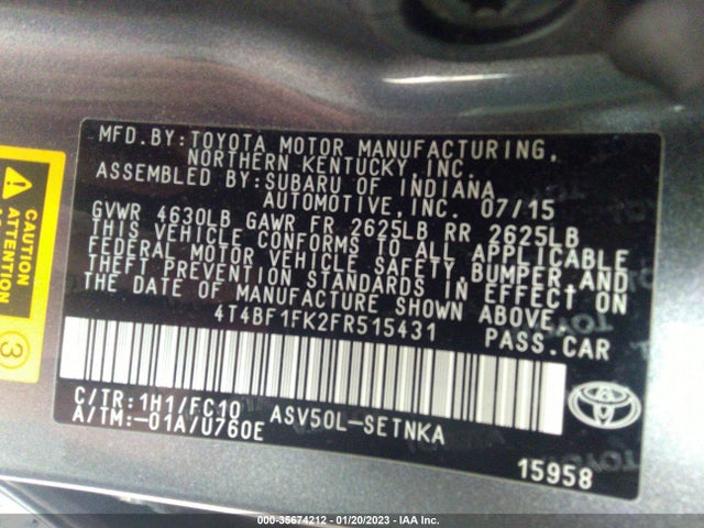 2015 TOYOTA CAMRY XLE/SE/LE/XSE VIN: 4T4BF1FK2FR515431