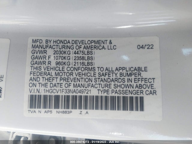 2022 Honda Accord, VIN: 1HGCV1F33NA049721