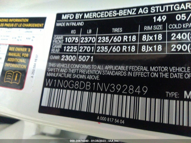 2022 Mercedes-Benz GLC-Class, VIN: W1N0G8DB1NV392849