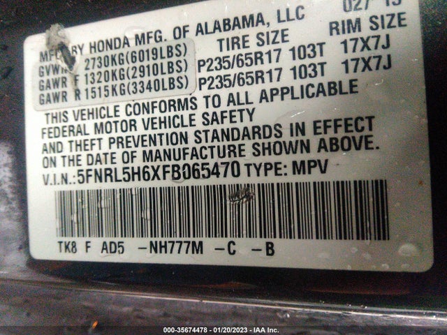 2015 Honda Odyssey, VIN: 5FNRL5H6XFB065470