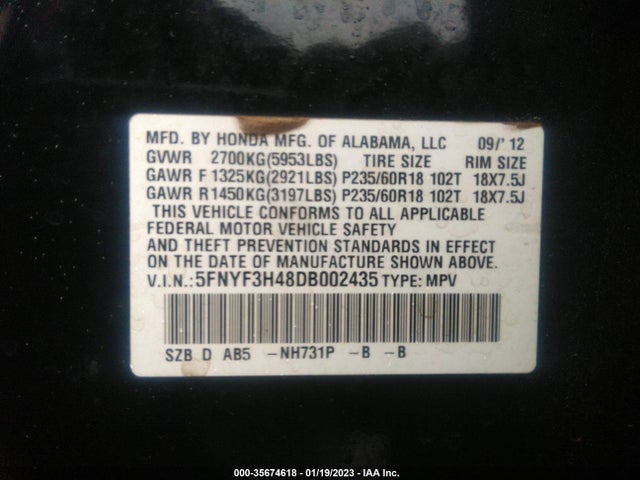 2013 HONDA PILOT EX VIN: 5FNYF3H48DB002435