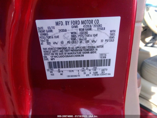 2010 FORD ESCAPE XLT VIN: 1FMCU0DG9AKC65638