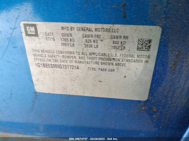 Chevrolet CRUZE LT 2016 1G1BE5SM0G7317214 Image 11