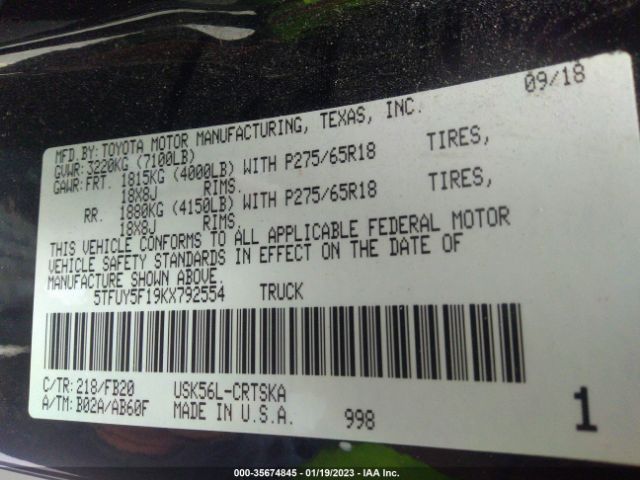 5TFUY5F19KX792554 Toyota Tundra 4wd Sr/sr5/limited