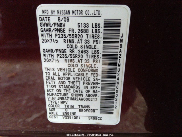 2010 NISSAN MURANO LE VIN: JN8AZ1MU2AW000212