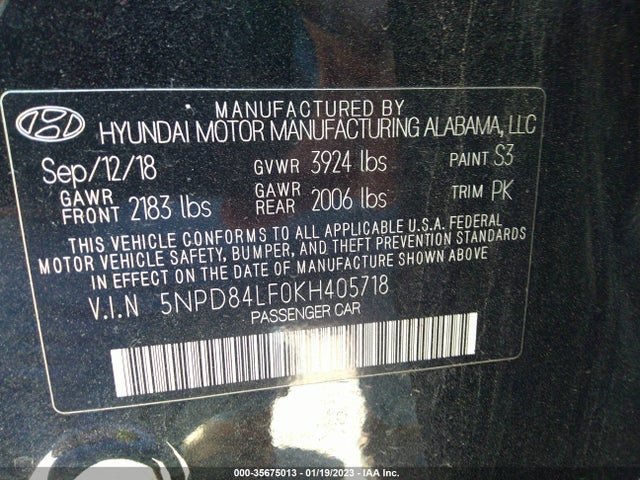 2019 Hyundai Elantra, VIN: 5NPD84LF0KH405718