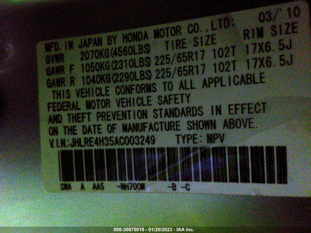2010 HONDA CR-V LX VIN: JHLRE4H35AC003249
