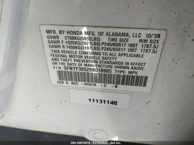 2009 HONDA PILOT EX-L VIN: 5FNYF38529B018985