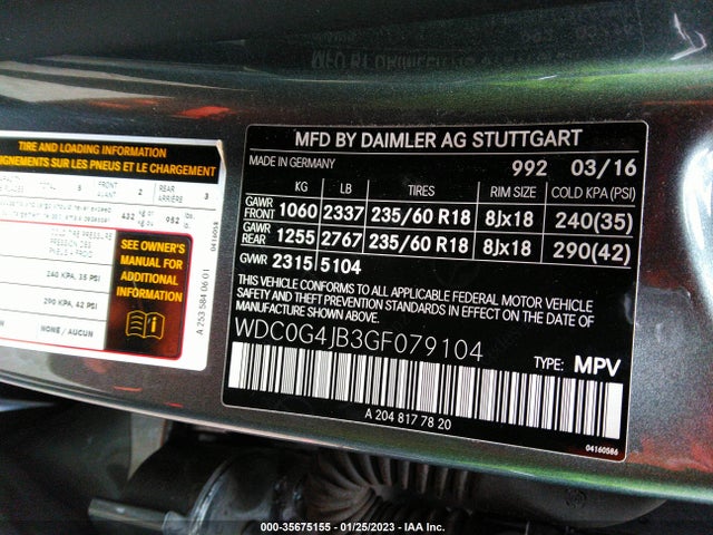 2016 Mercedes-Benz GLC-Class, VIN: WDC0G4JB3GF079104