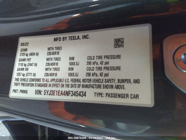 Tesla Model 3 Rear-wheel Drive 2022 5YJ3E1EA4NF345434 Image 9